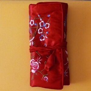Beautiful Wine Red Floral Embroidered Satin Travel Jewelry Roll Organizer